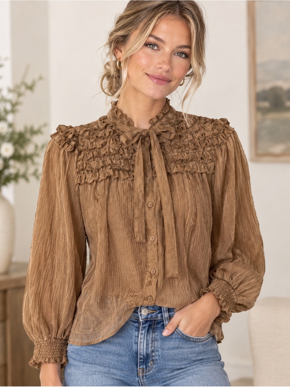 Chic Ruffled Women's Blouse in Copper - Small